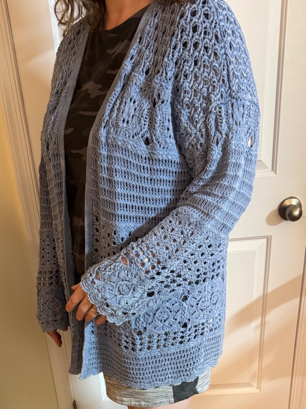 Lucky Brand Blue Crochet Open Front Cardigan Sweater XL Boho Cotton